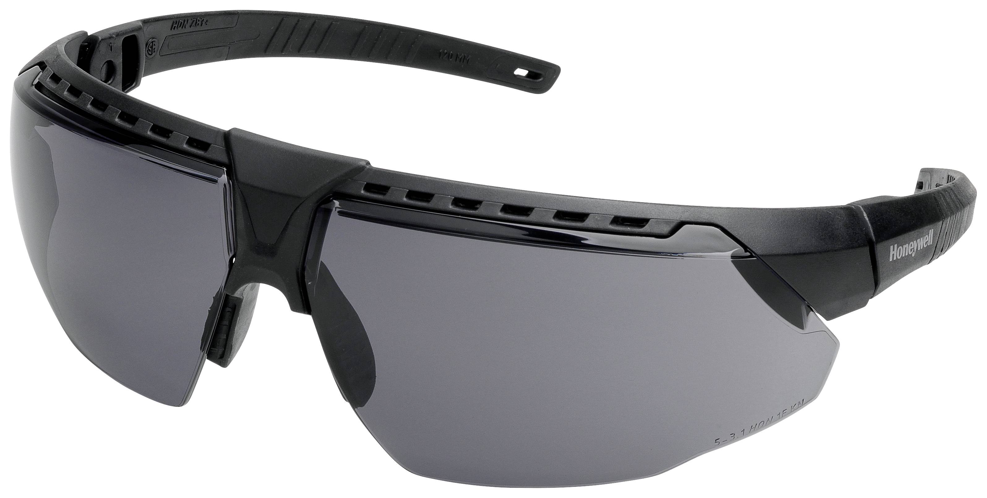A black safety spectacles with tinted lenses and side shields. They provide robust protection for eyes during work or sports activities.