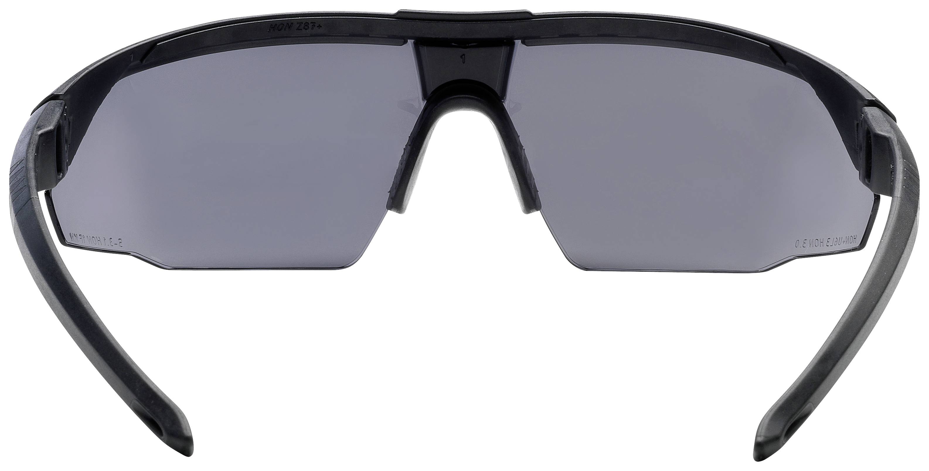 Sunglasses with dark lenses and curved arms, pictured from the front.
