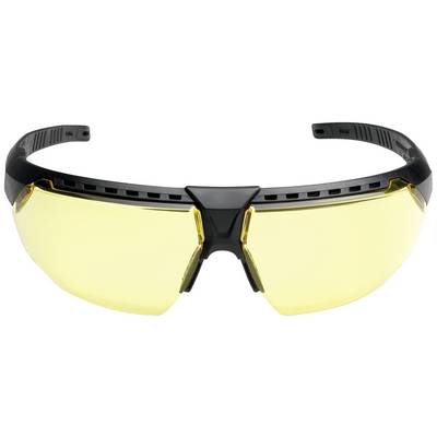 Safety glasses with yellow lenses and black frame. Used for eye protection during various craftwork activities.
