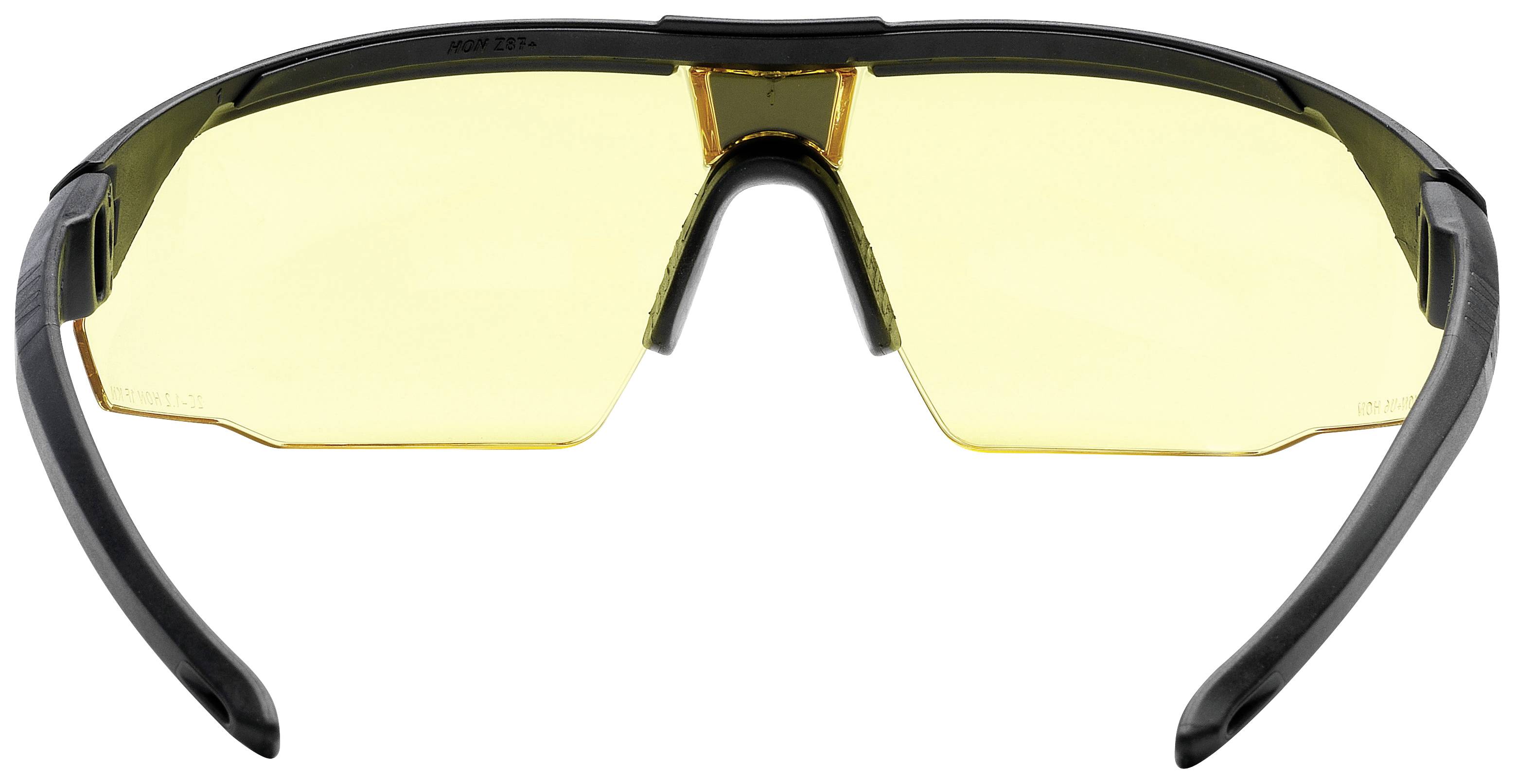 Safety glasses with yellow-tinted lenses and black frame, suitable for sports or workplace protection.