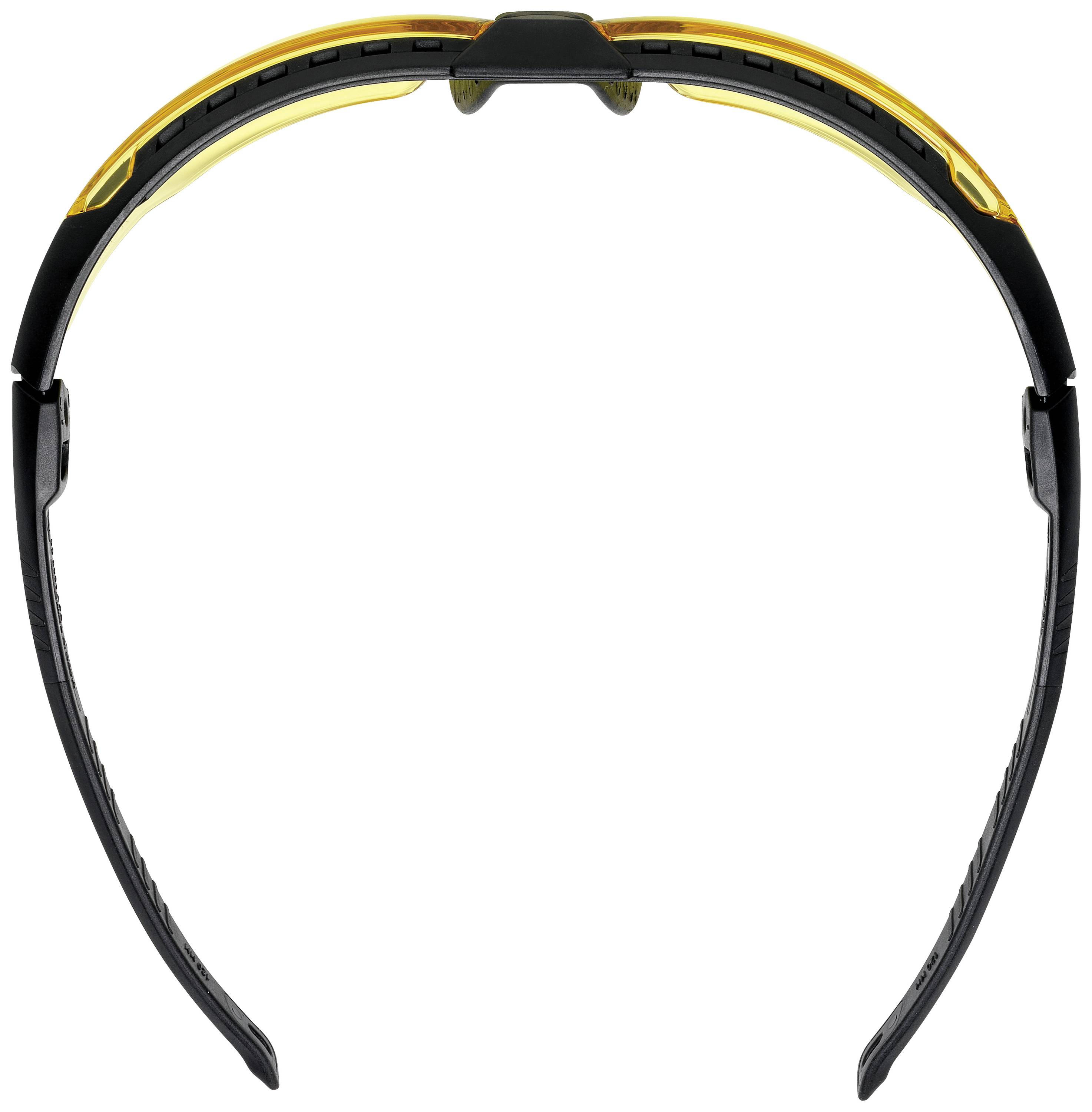 Safety glasses with a black frame and yellow trim, viewed from above. Suitable for safety purposes in various environments.