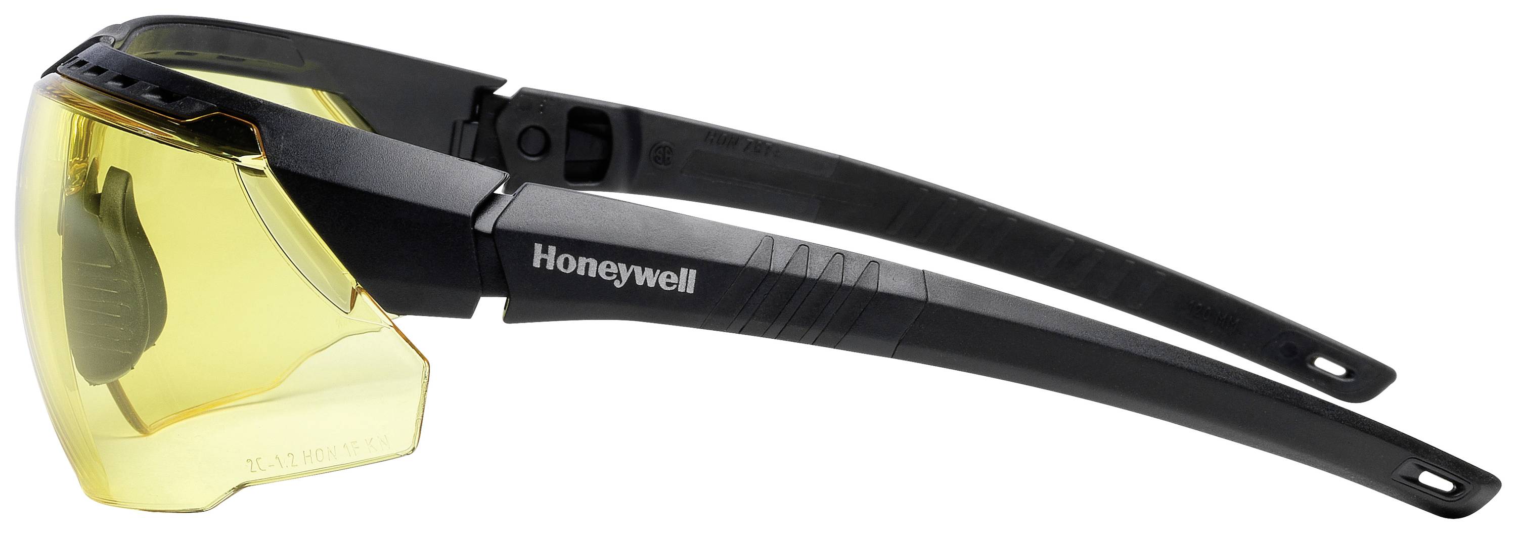 Yellow safety glasses with black frame and "Honeywell" logo, shown from the side.