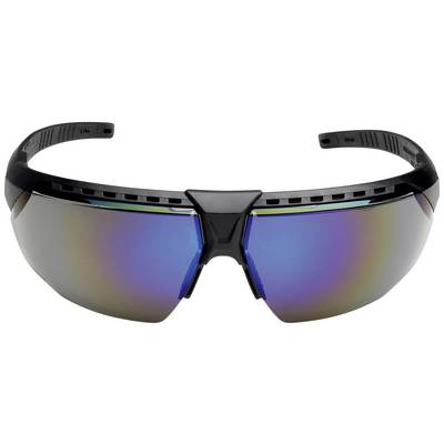 Futuristic-looking sunglasses with mirrored, multi-coloured lenses and a glossy black frame.