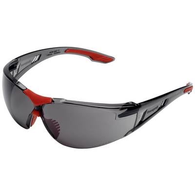 Safety glasses with dark grey lenses and red details, suitable for use in laboratories or craft activities.