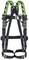 A safety harness in black and green for fall protection, with buckles and adjustment options, shown from the front.