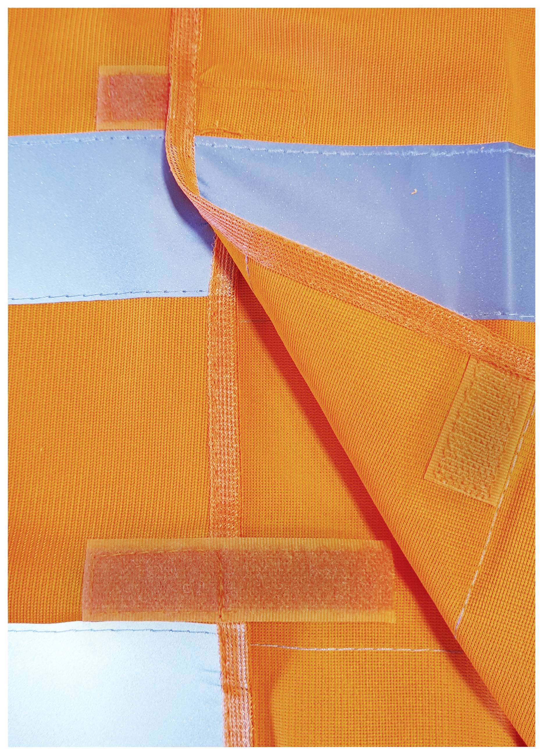 Orange fabric with reflective blue stripes and hook-and-loop fastenings, exemplary of high-visibility workwear.