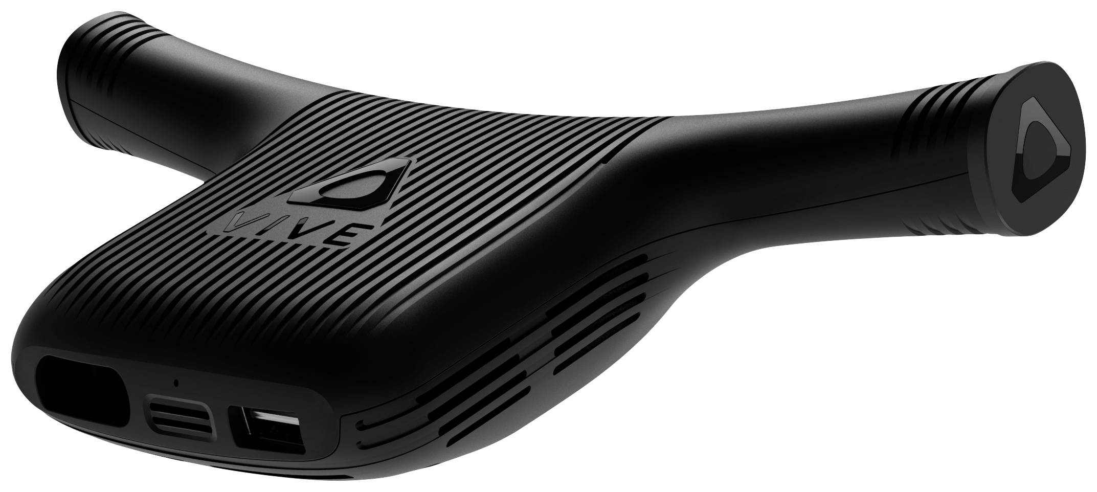 A black, futuristically designed device with two extensions and ventilation slots, possibly a technical gadget or accessory.