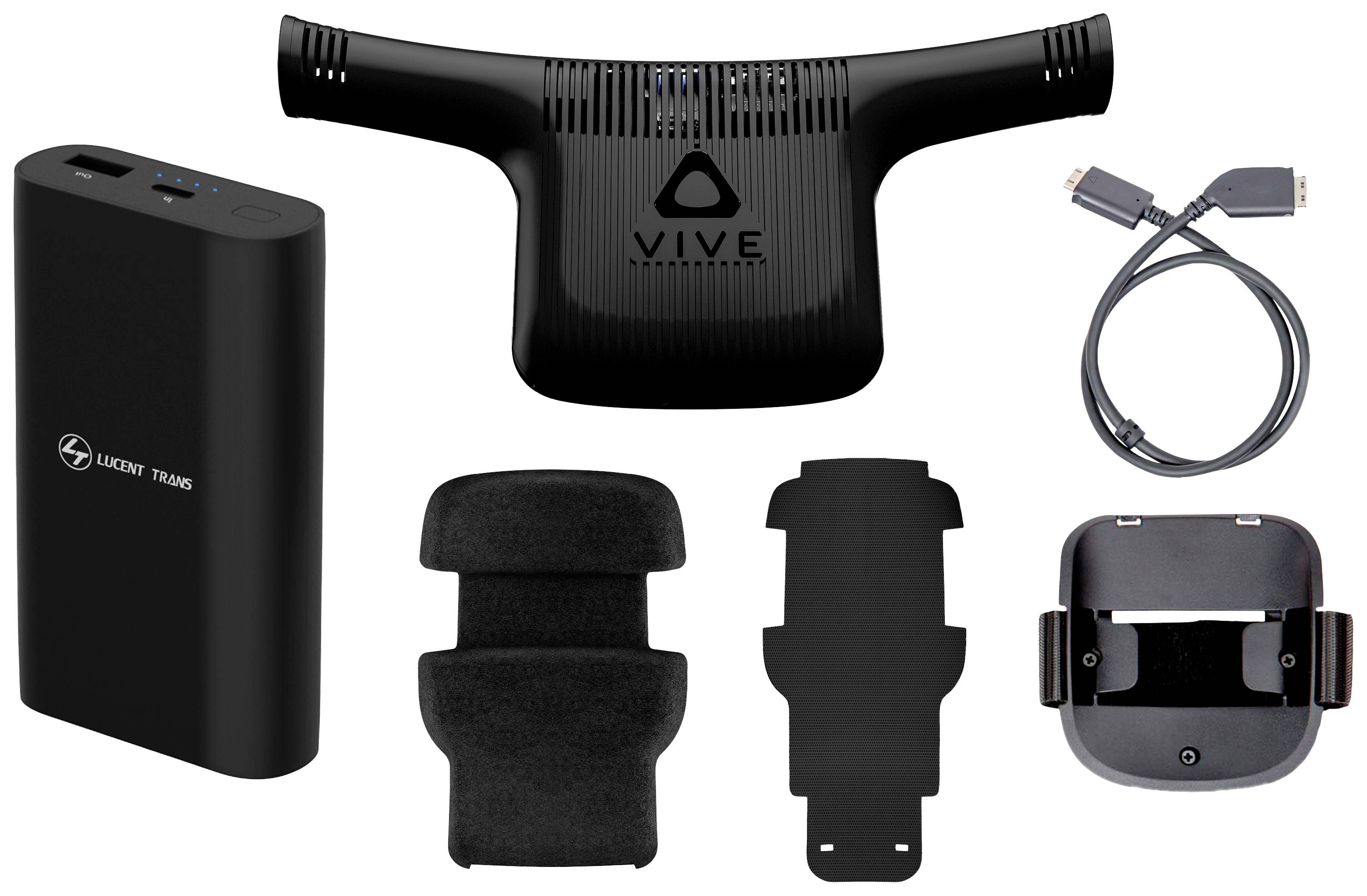Accessory set for a virtual reality device, comprising a wireless adapter, batteries, charger, and cable.