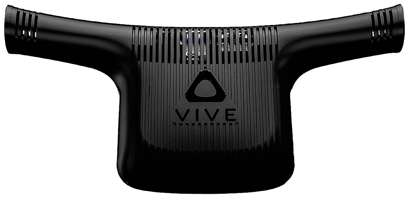 Black adapter with VIVE logo, likely part of a virtual reality equipment, with two protruding side antennae.