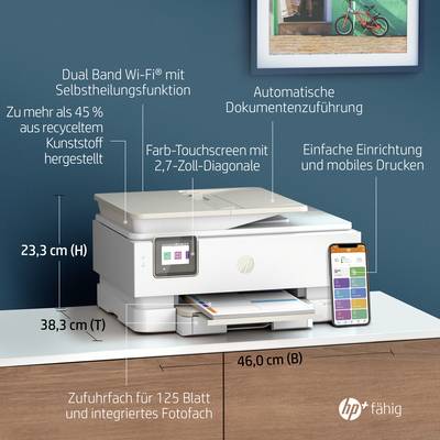 A printer on a table with a colour touchscreen. Features: Dual-Band Wi-Fi, mobile printing, sustainable material. Dimensions: 23.3 cm H, 38.3 cm D, 46.0 cm W.