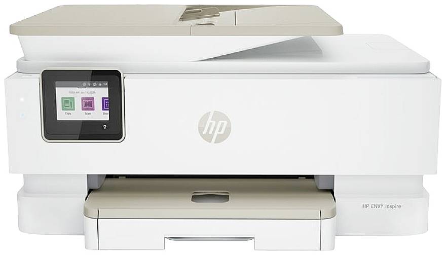 A white multifunction printer with a touchscreen; prints paper, scans and copies.
