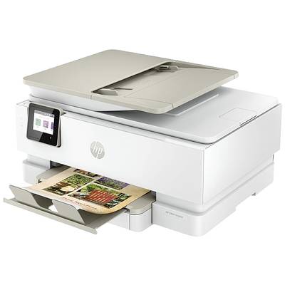 A white multifunction printer with a touchscreen, printing a document with colourful images.