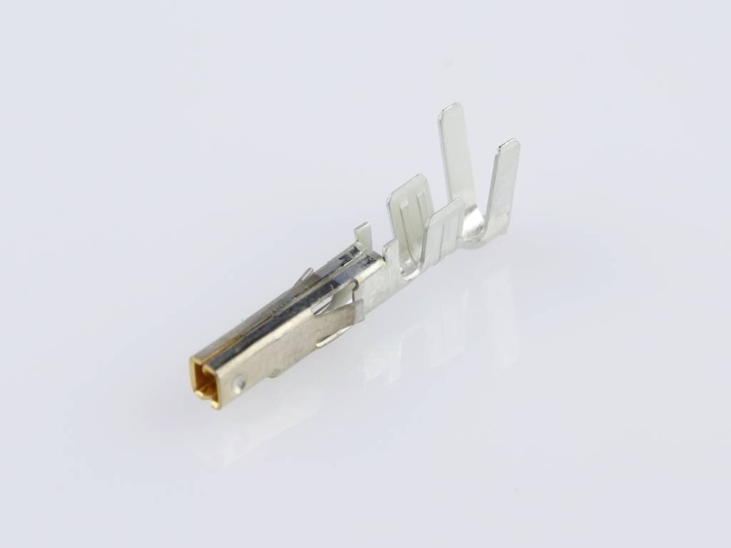 A single metal contact plug, used in electrical connections, against a white background.