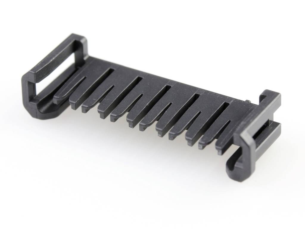 Black plastic component with multiple vertical struts, possibly a cable management holder or similar.