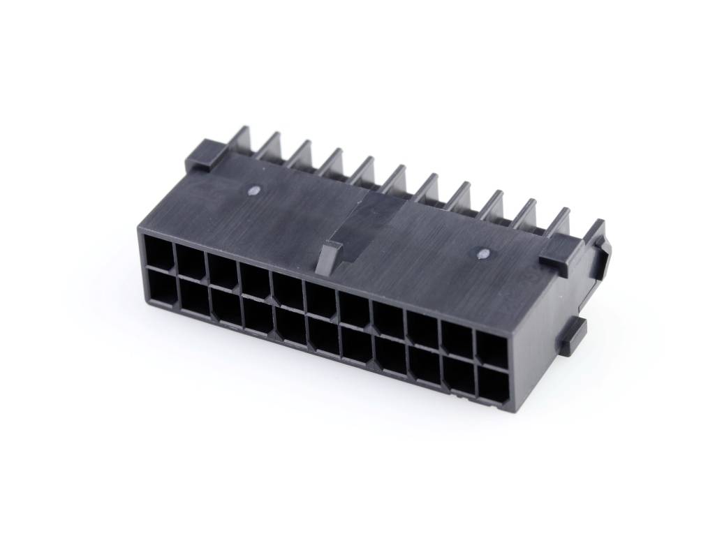 Black 24-pin electrical plug with rectangular connection pins, commonly used in computer power supplies.