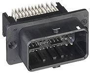 A black electrical connector with multiple metal pins. Suitable for vehicle or machinery applications.