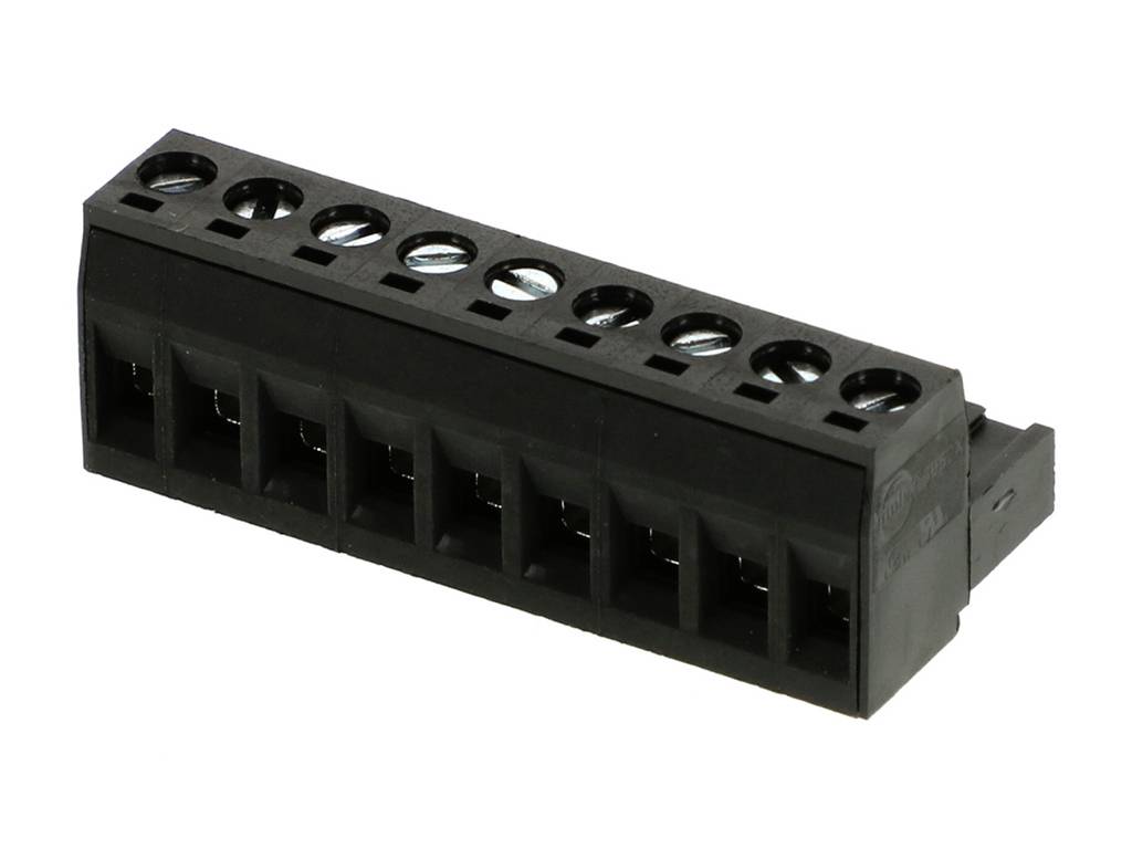 Black electrical connector with eight terminals in a row.