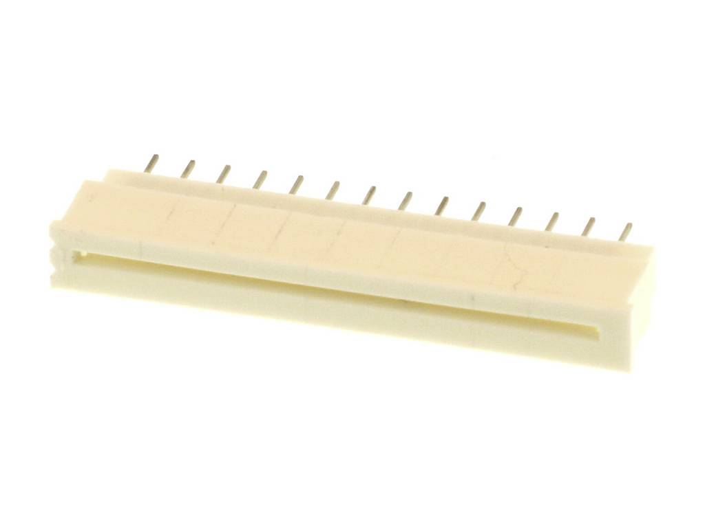 A white, rectangular connector with multiple metal pins, used for electronic circuits and connections.