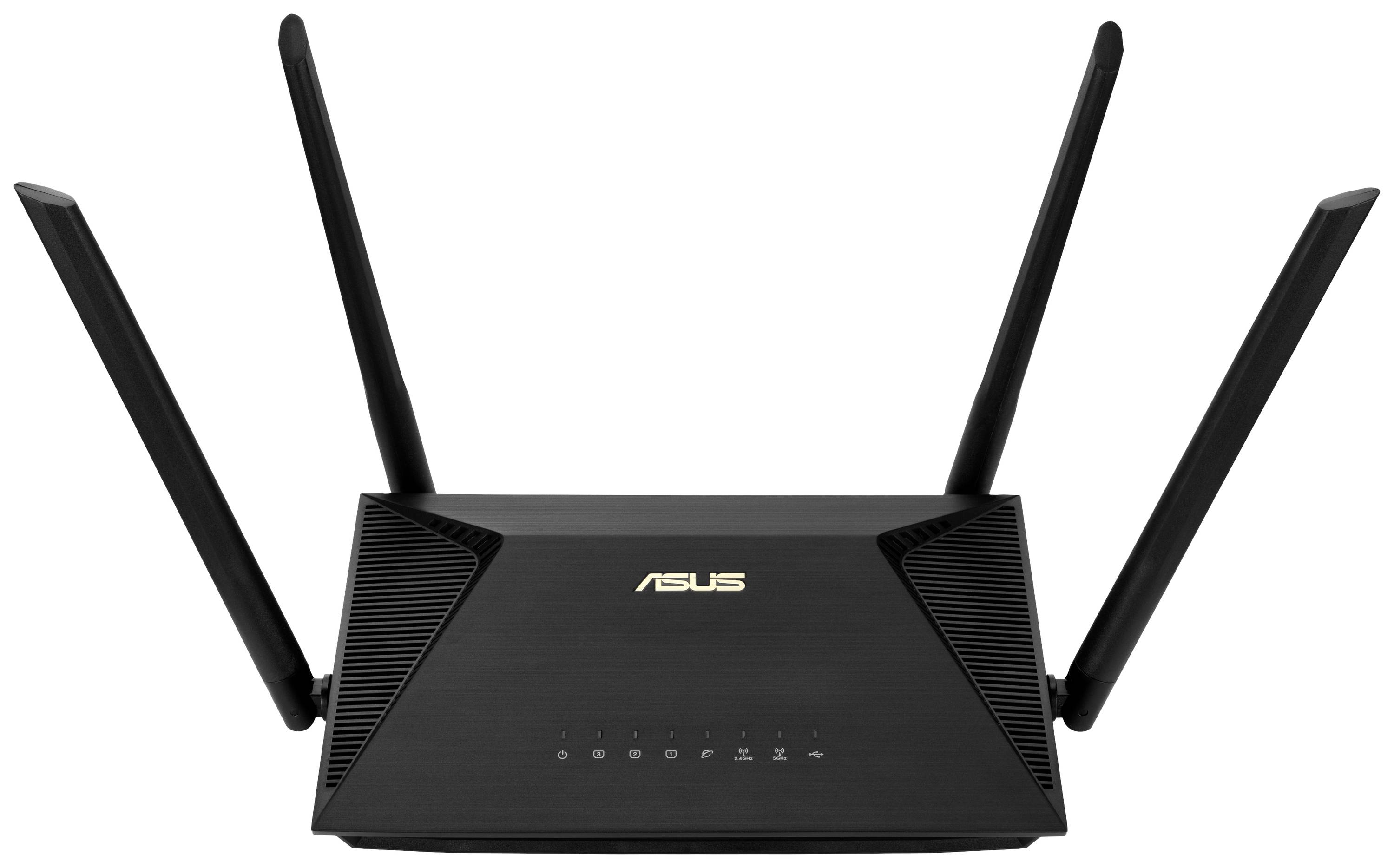 A black, wireless router with four aerials. The Asus logo is visible on the front.