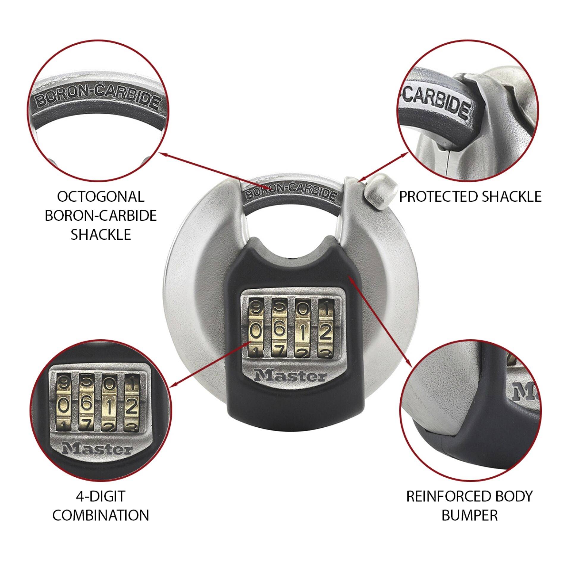 Round, silver number lock with 4-digit combination, octagonal shackle made of boron carbide and enhanced protection.
