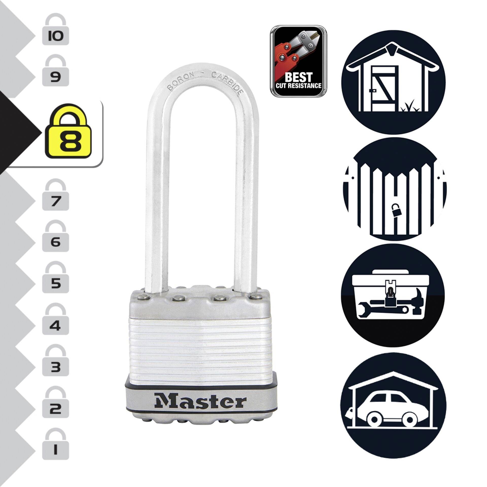 Padlock with number '8' in security rating. Suitable for sheds, fences, trailers, cars. Excellent cutting resistance.