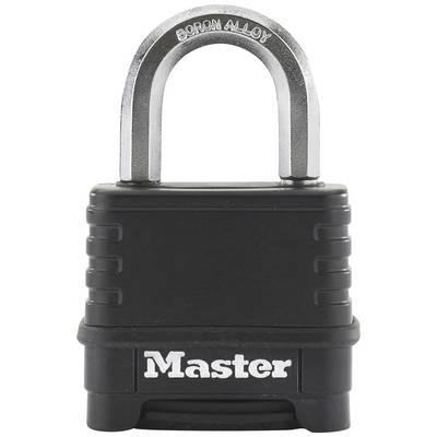 A black padlock made of boron alloy with a chrome shackle. 'Master' is written on the front.
