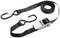 Black tension strap with two hooks, one ratchet for length adjustment and a coiled end. Ideal for load securing.