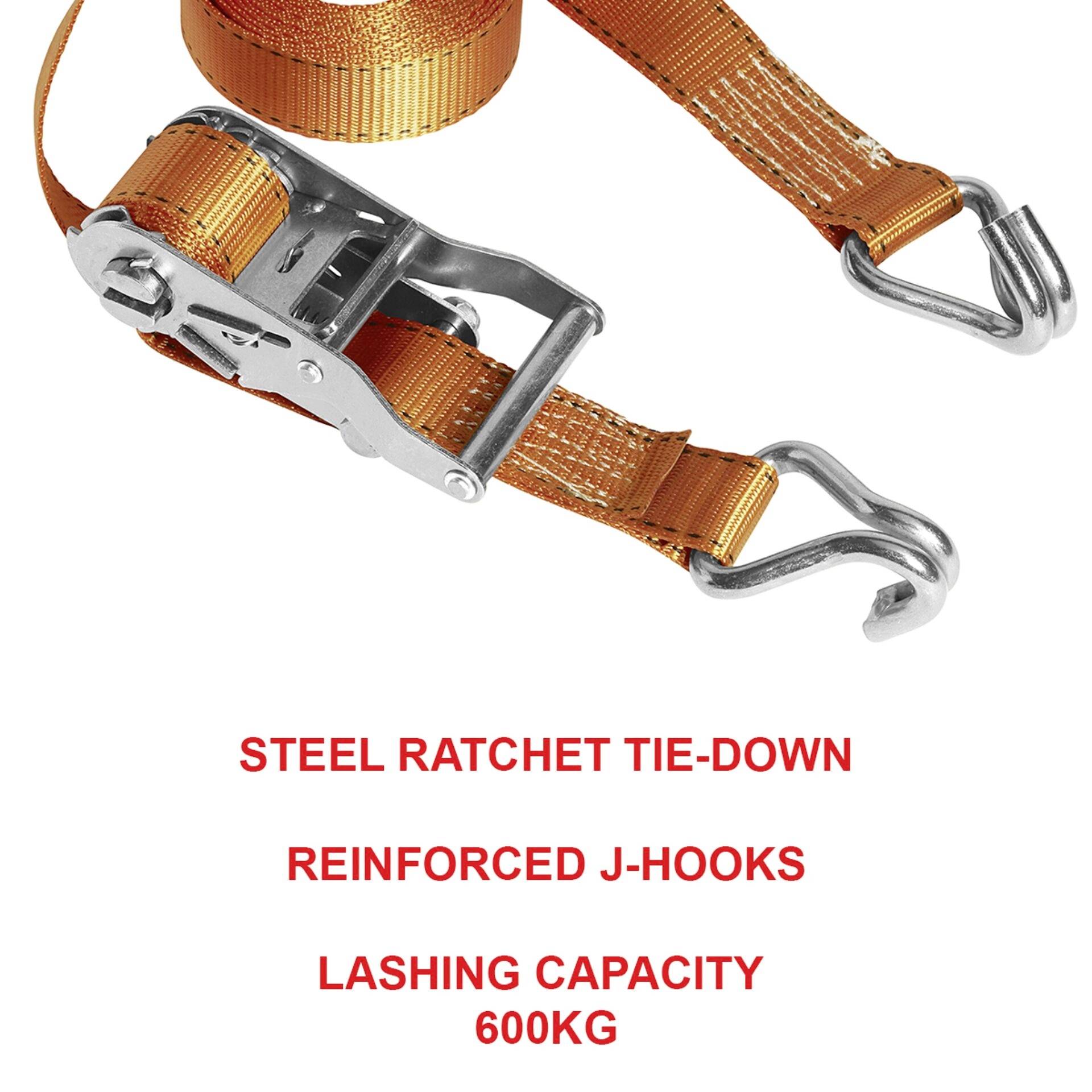 Orange Spanngurt with Ratchet Closure and Reinforced J-Hooks, Working Load Limit 600 kg.