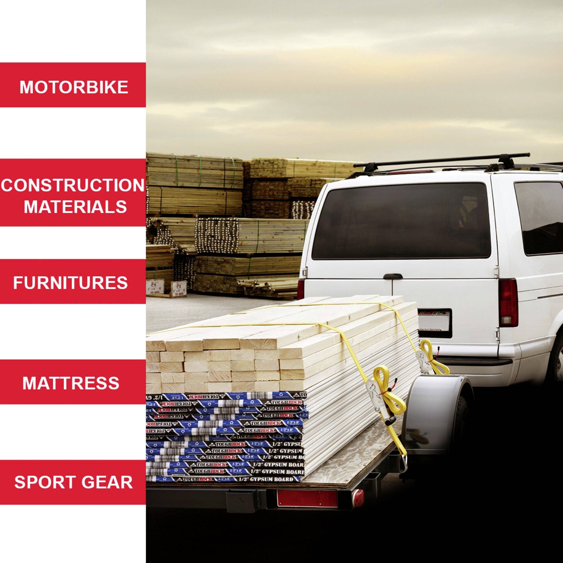 White delivery van, loaded with wooden pallets and building materials, parked in the warehouse. Left text category for transports: Motorcycles, Building Materials, Furniture, Mattresses, Sports Equipment.