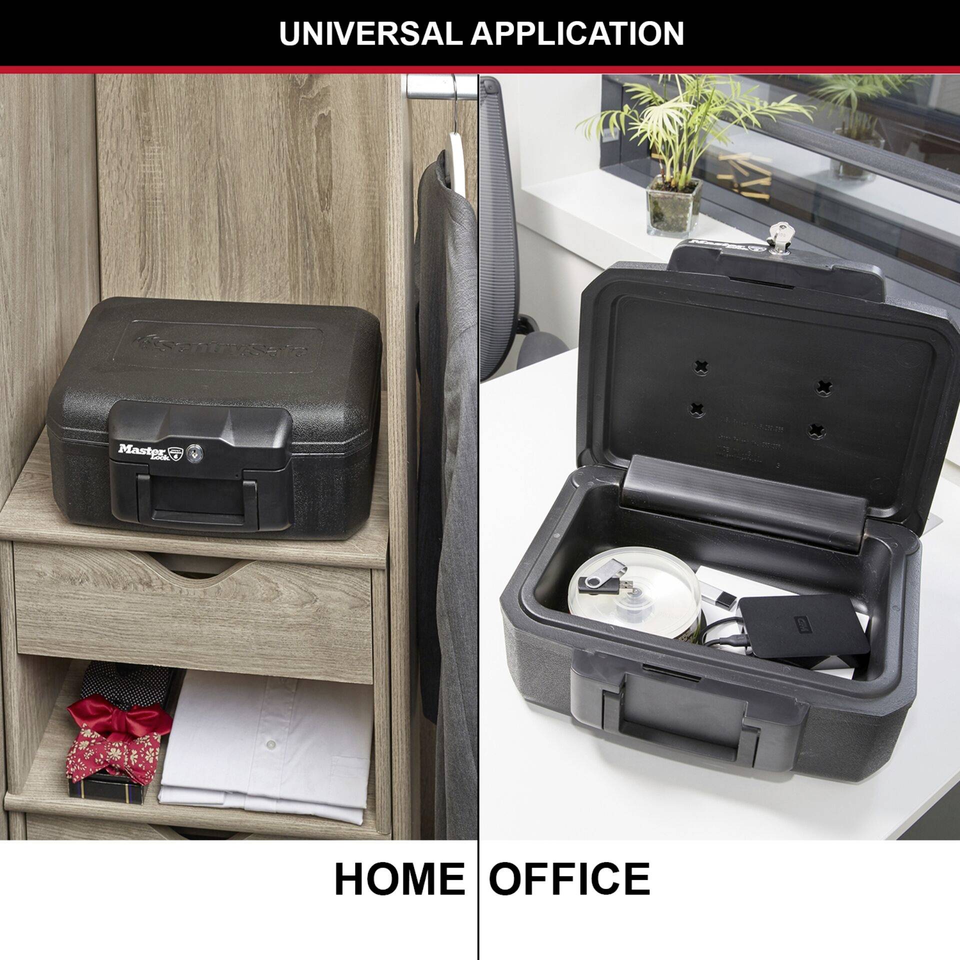 'Universal Application' in white text on a black background. Left: Black suitcase on a shelf. Right: Open suitcase with items.