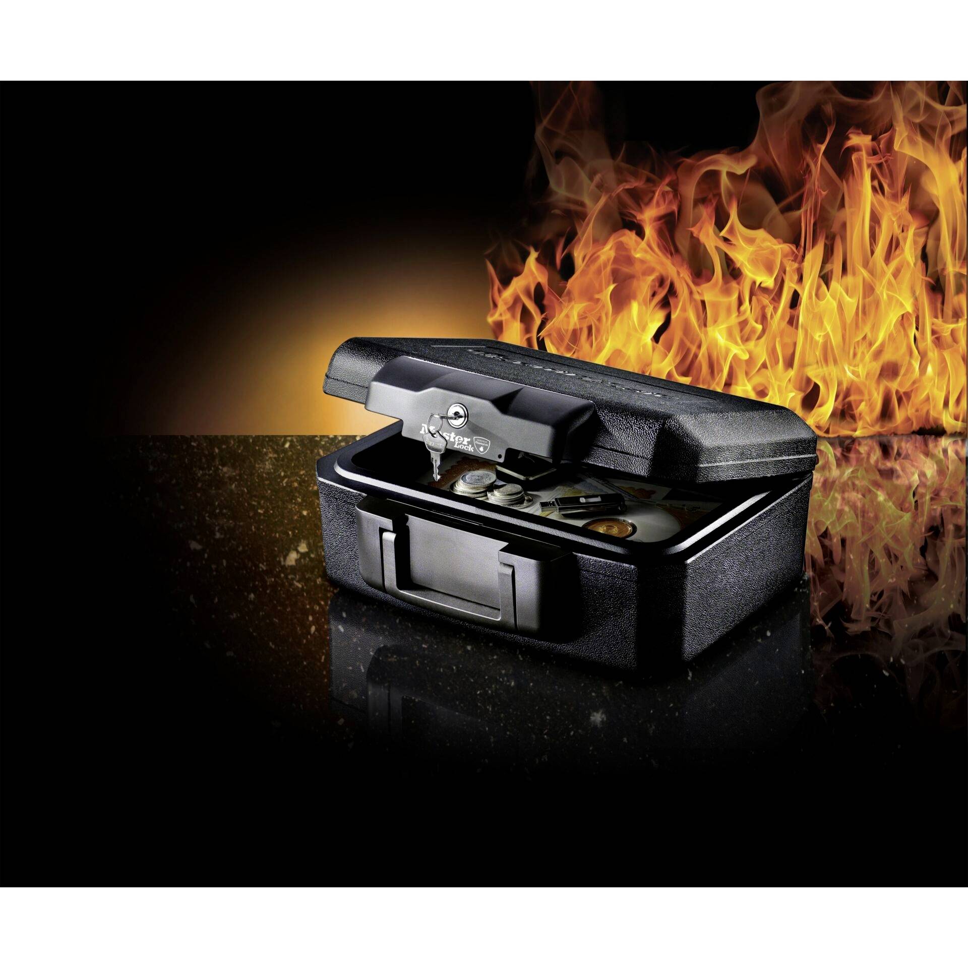An open safe containing coins and keys, surrounded by flickering flames in the background.