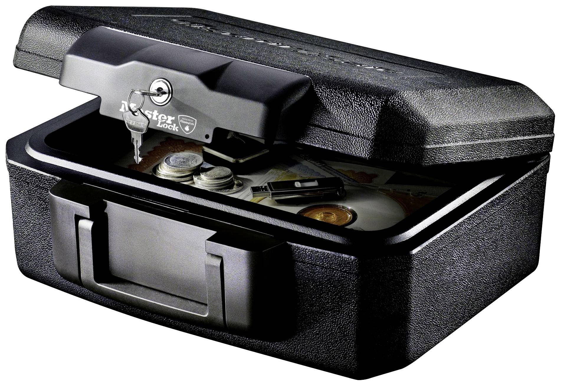 An open safe with the key in the lock, containing coins, banknotes and a golden locket.