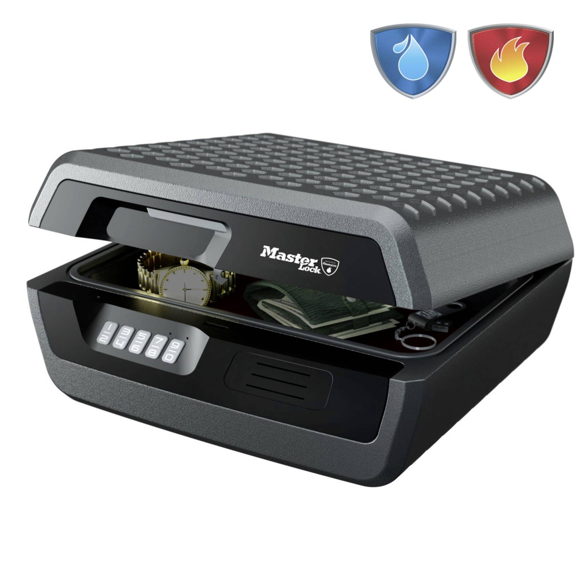 A secure safe with an open door contains a watch and documents. Symbols for waterproof and fireproof are visible on the top.