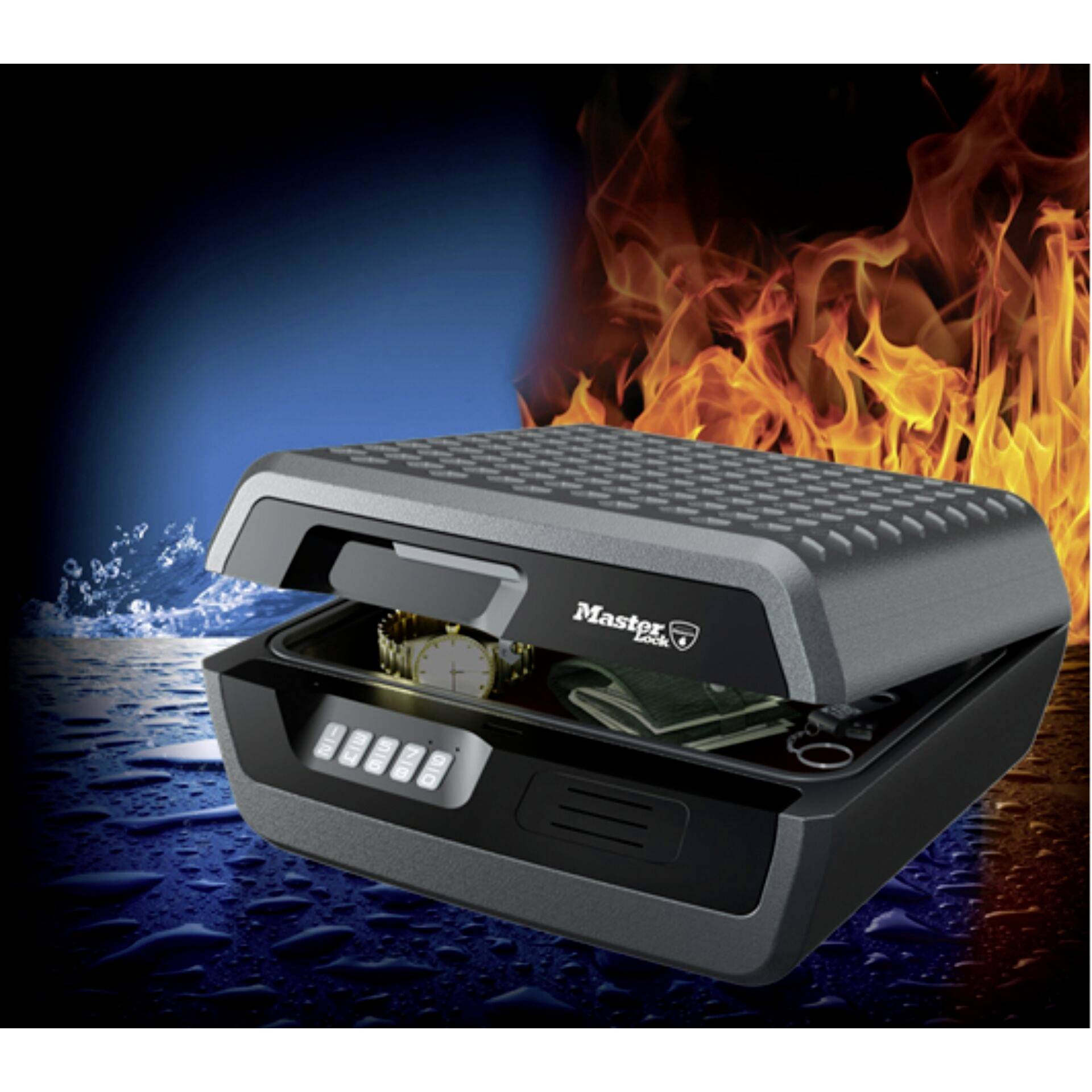Fire and water-resistant safe box with a clock and money inside, surrounded by flames and water. It symbolises protection against elemental hazards.