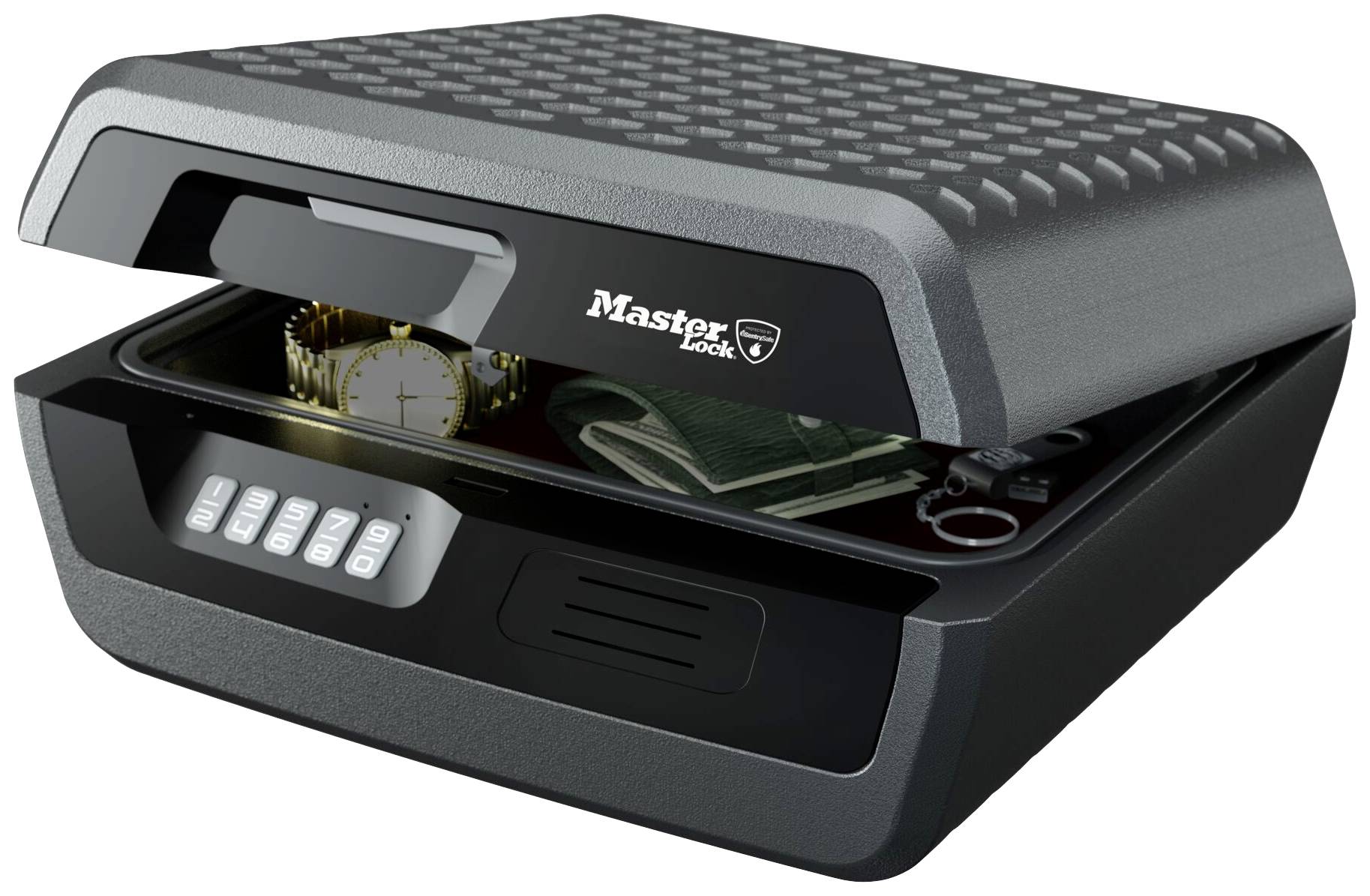 An open safe with a watch, jewellery, and money inside. The safe has a digital keypad for entering a code.