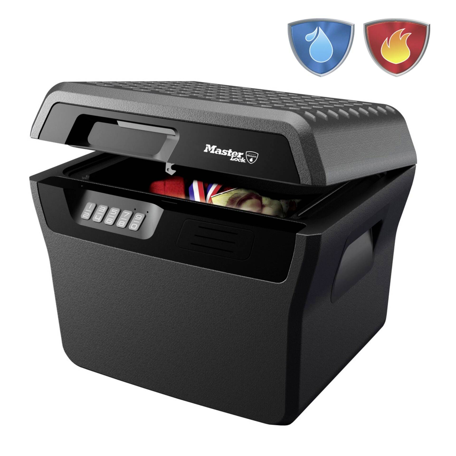 Black safe, slightly ajar, with documents inside. Two symbols indicate water and fire protection.