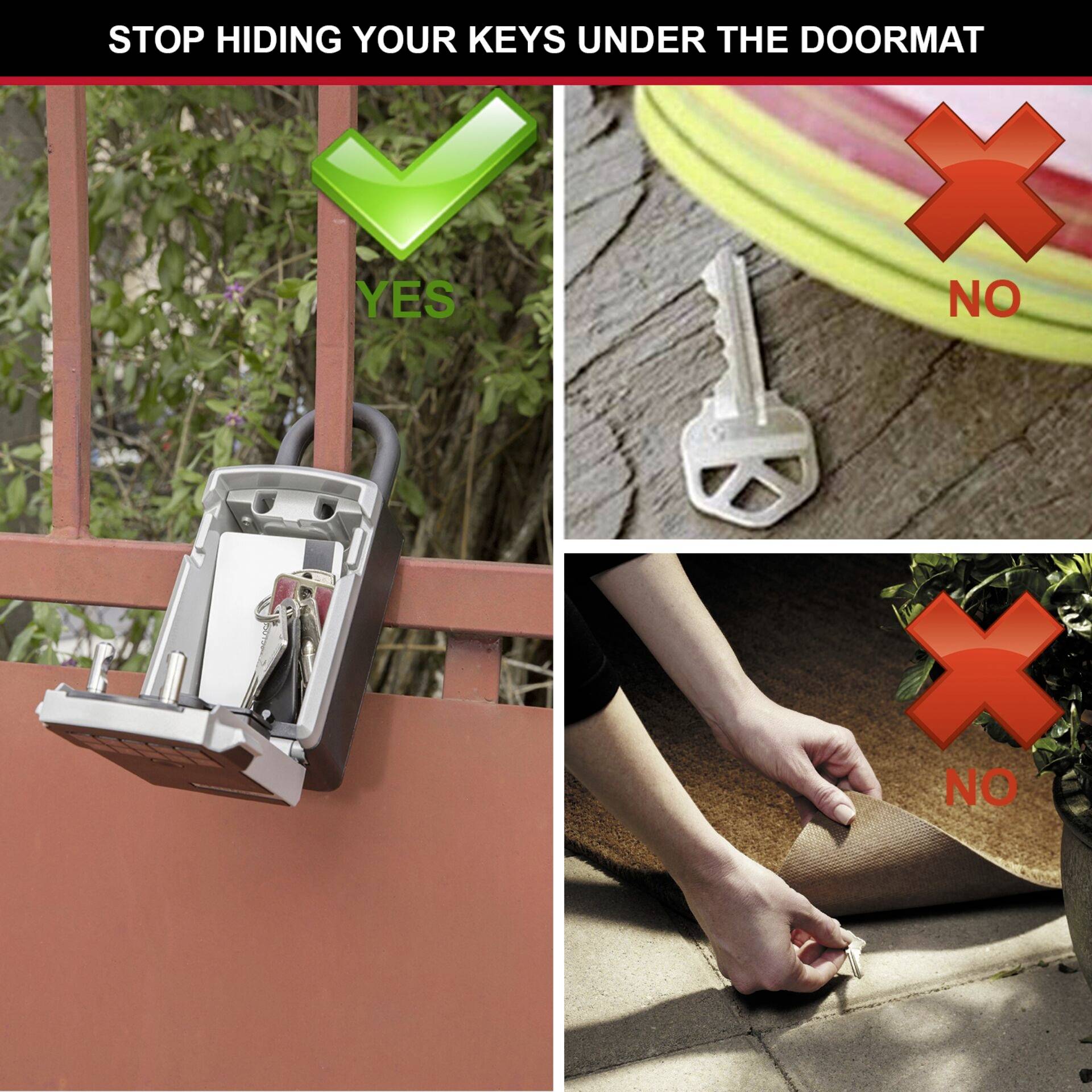 An outdoor key safe box with a green tick and 'YES' text, contrasted with red cross symbols next to hidden keys with 'NO'.