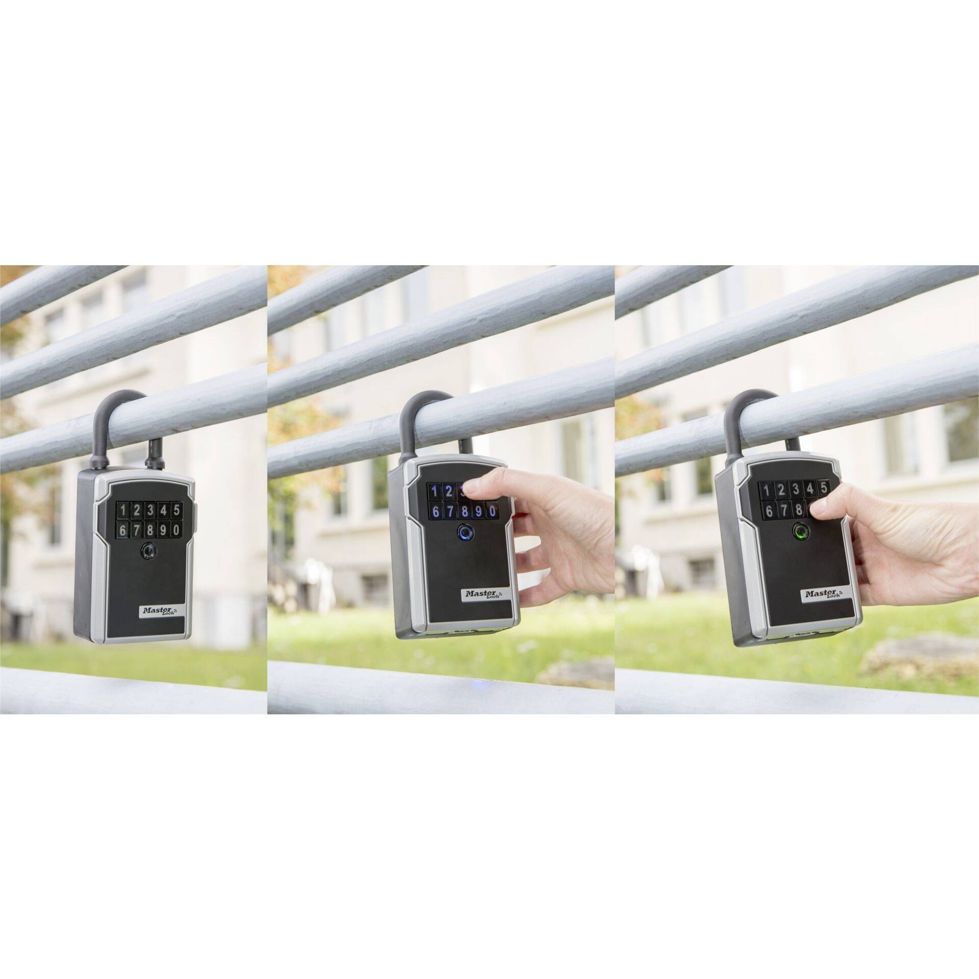 A padlock with a numerical code, secured to a railing. Three images show the code being entered on the keypad.