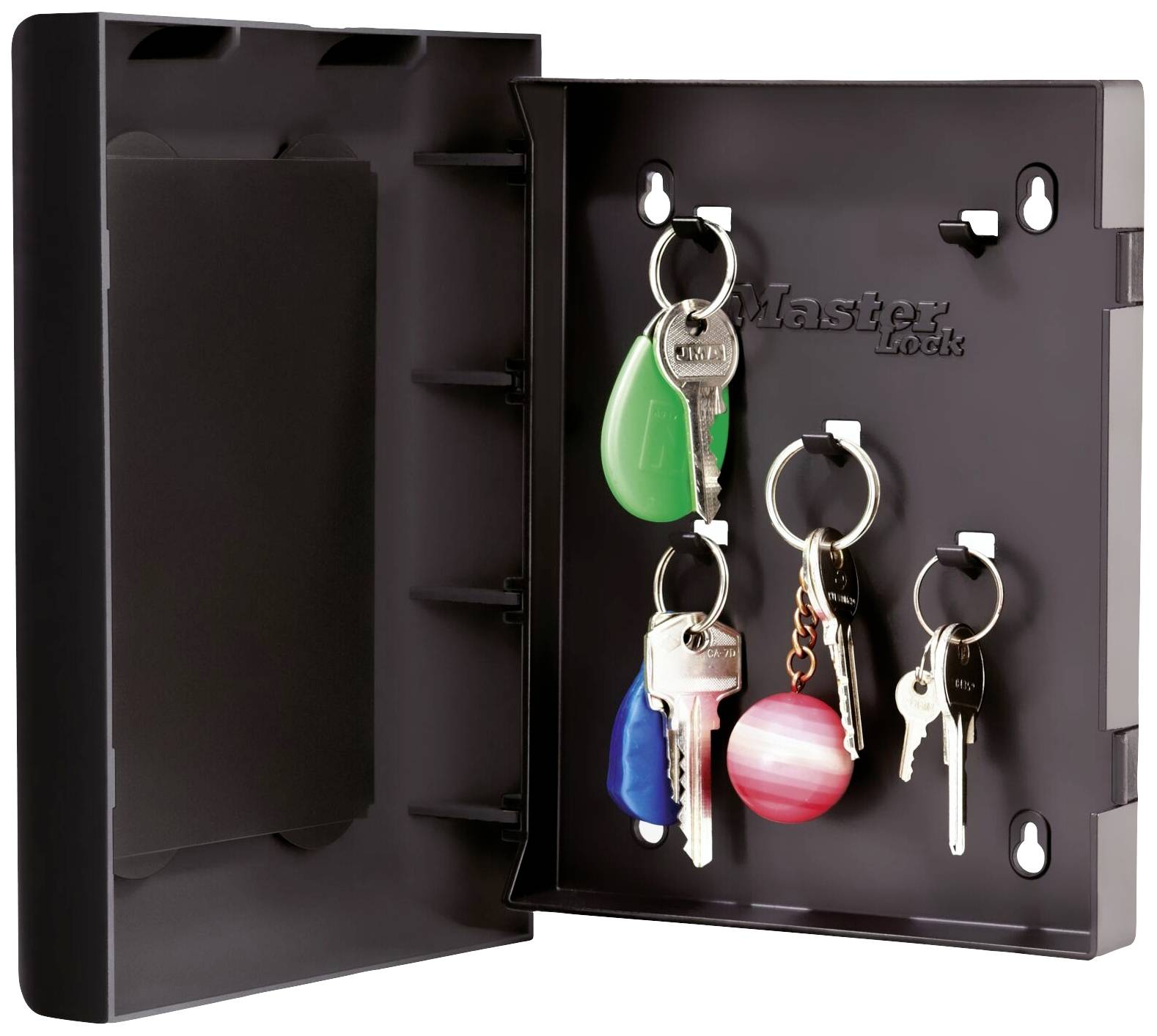 Black key cabinet with an open door. Inside, four keys hang on rings, each with coloured markings.
