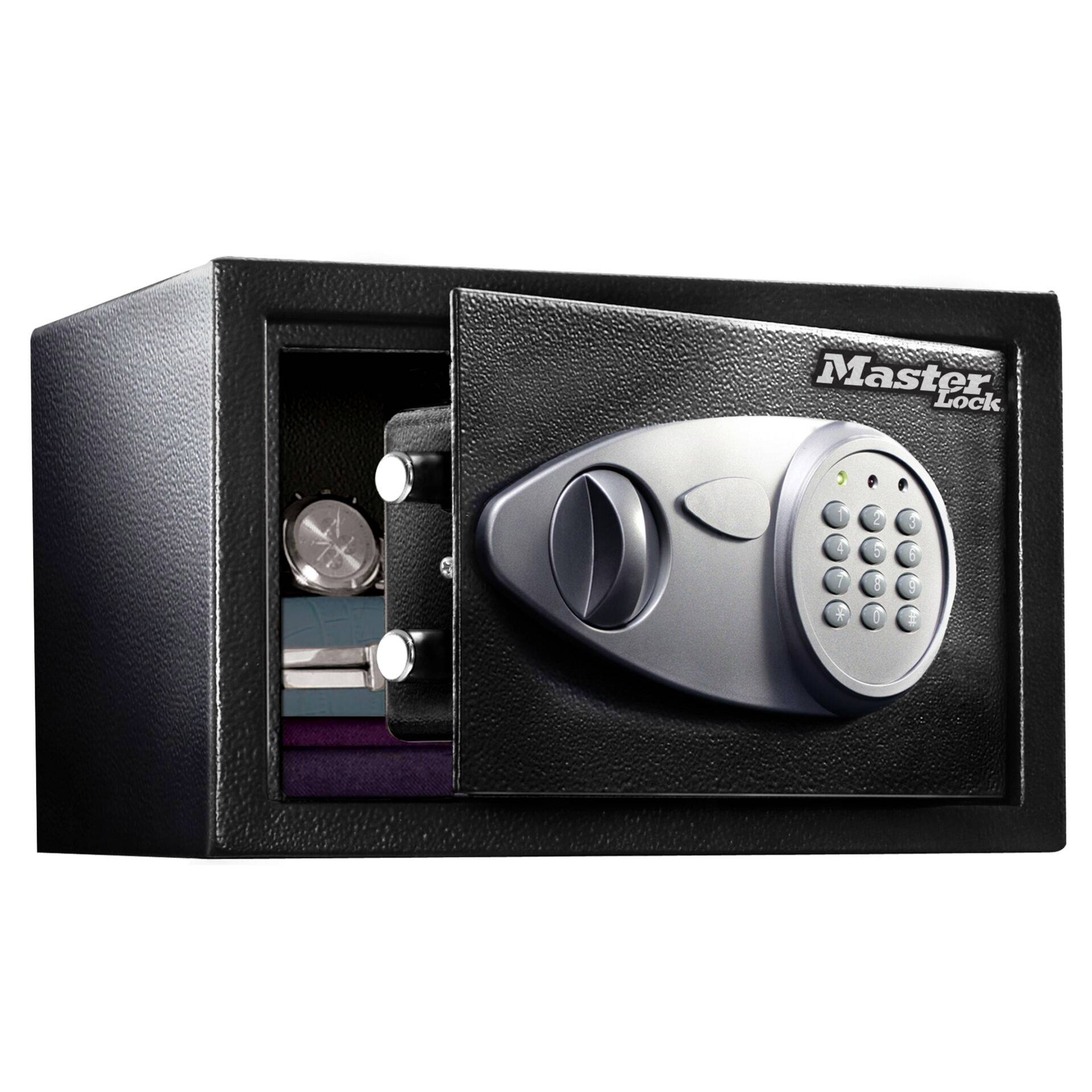 Black safe with an open door reveals a locking mechanism with a number pad. Inside, documents and coins are visible.