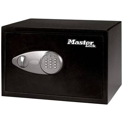 Black safe with electronic number lock and rotary knob on the front, with 'Master Lock' logo in the top right corner.