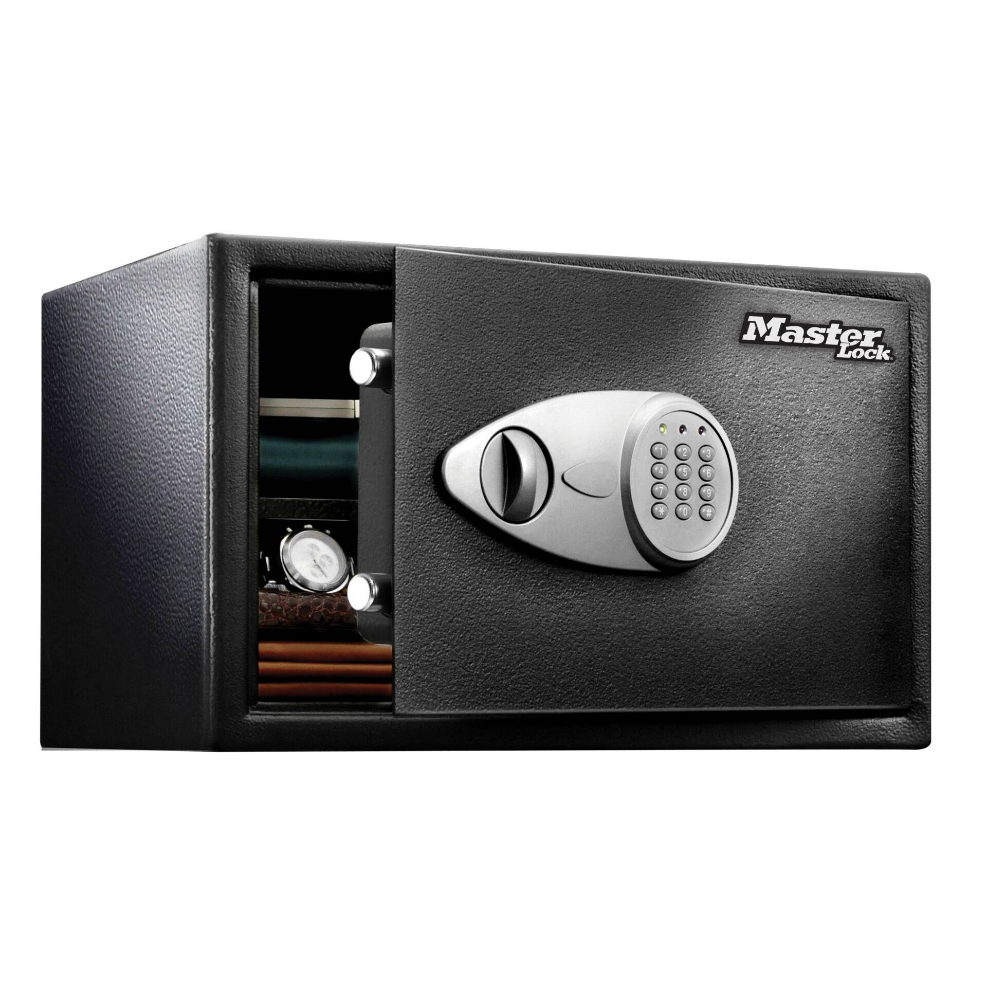 A safe with an open door reveals stacked documents and a clock inside. A combination lock is fitted to the door.