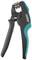 Crimping pliers with a black handle and turquoise element, suitable for crimping cables.