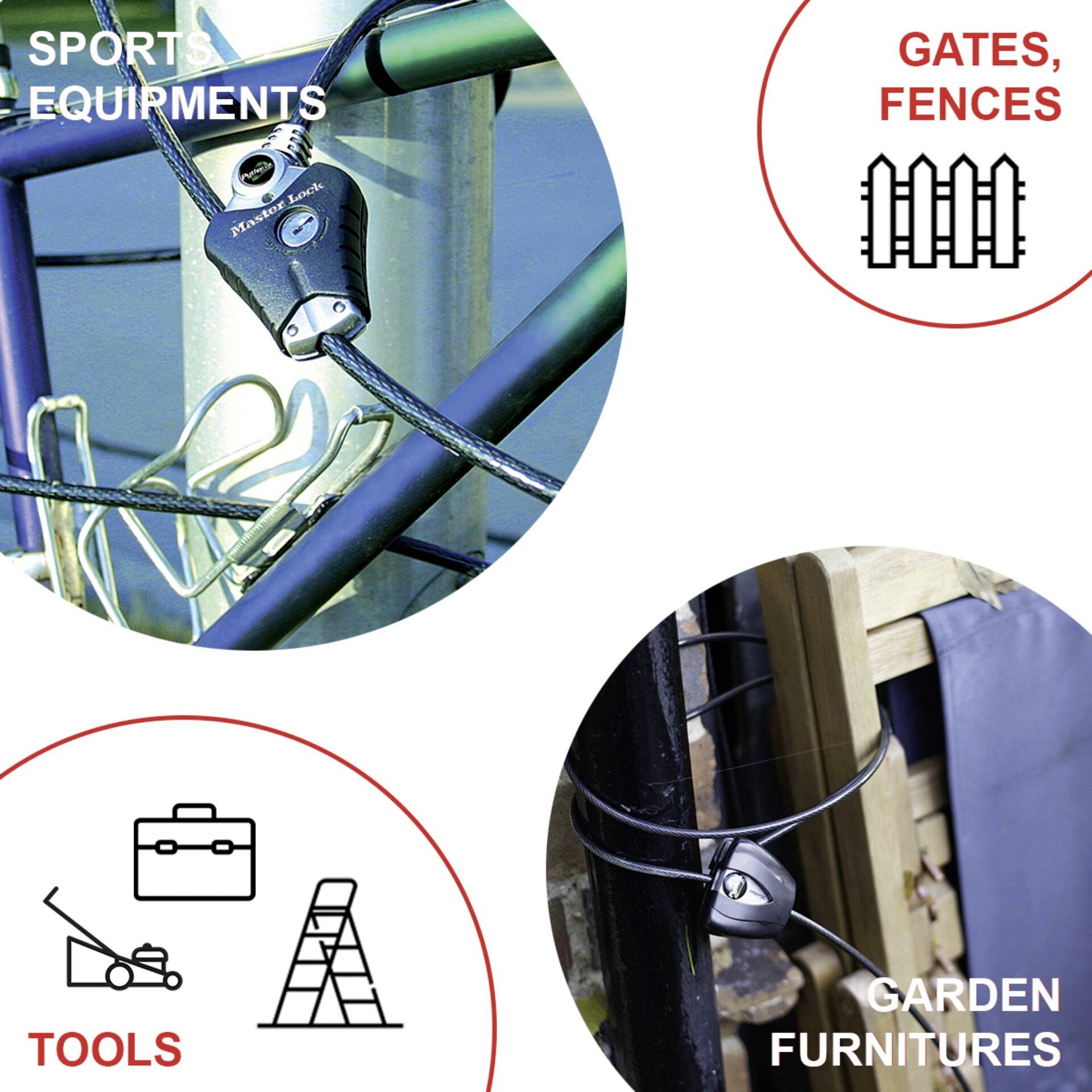 Bicycle lock on a wire; includes symbols for 'Sports Equipment', 'Gates, Fences', 'Tools', 'Garden Furniture'.