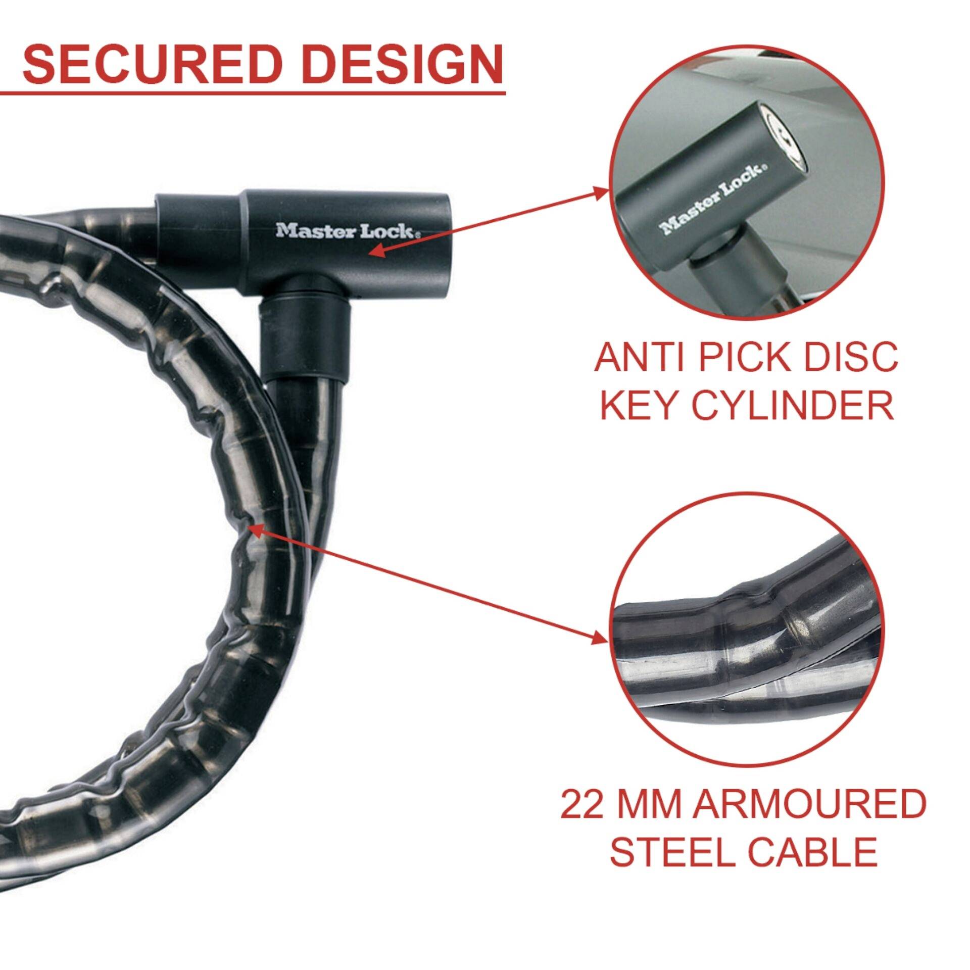 Master Lock cable lock with 'Secure Design', featuring an anti-pick disc cylinder and 22 mm armoured steel cable.