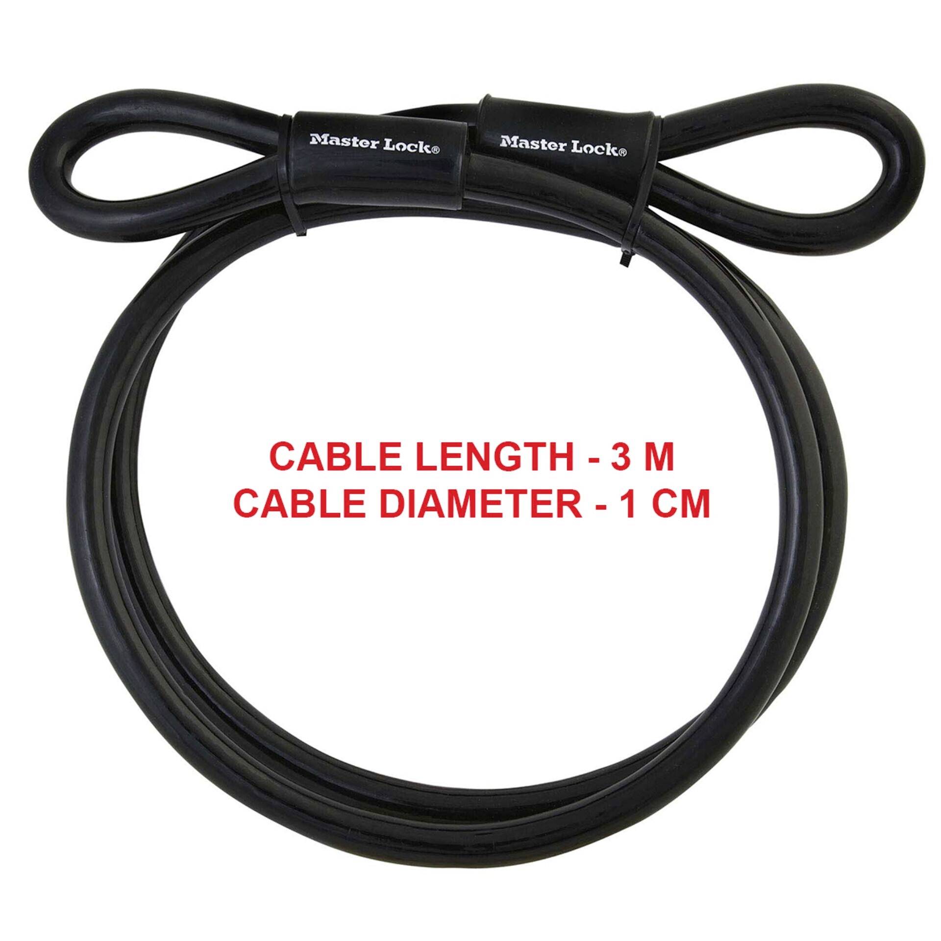 Black cable lock by Master Lock with a diameter of 1 cm and a length of 3 m.