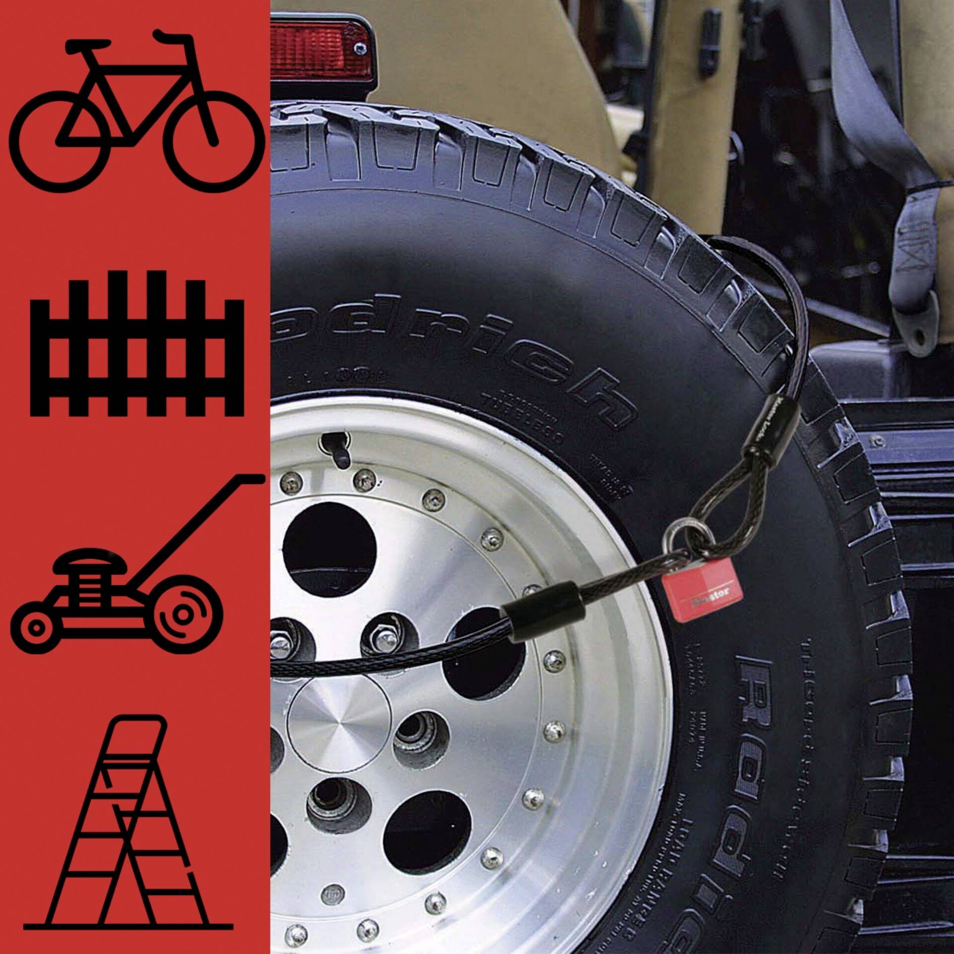 A car tyre with a safety cable. On the left are symbols for bicycle, fence, lawnmower, and ladder, indicating potential uses.