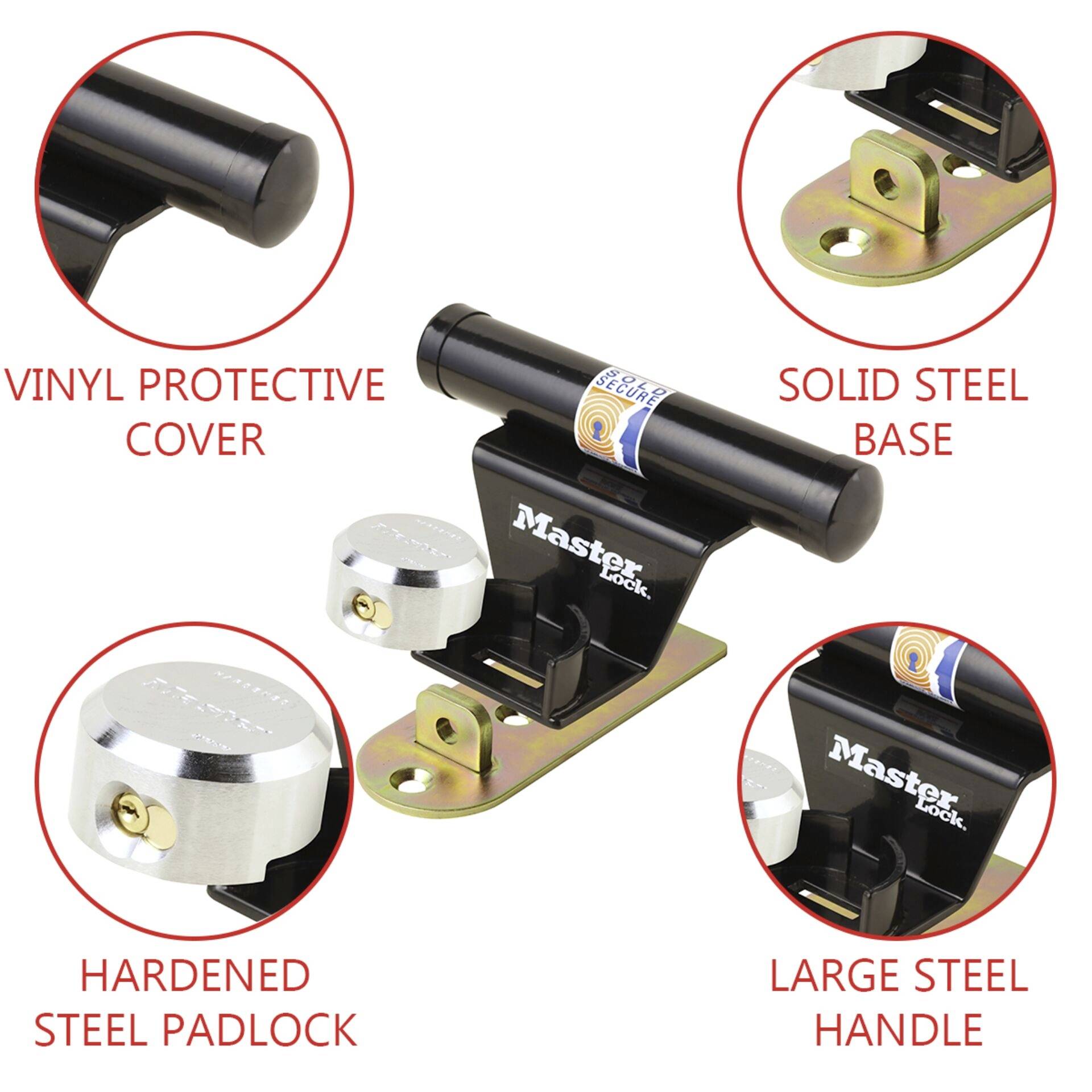 Illustration of a security bolt with a hardened steel padlock, vinyl protective cover, solid steel base, and large steel handle.