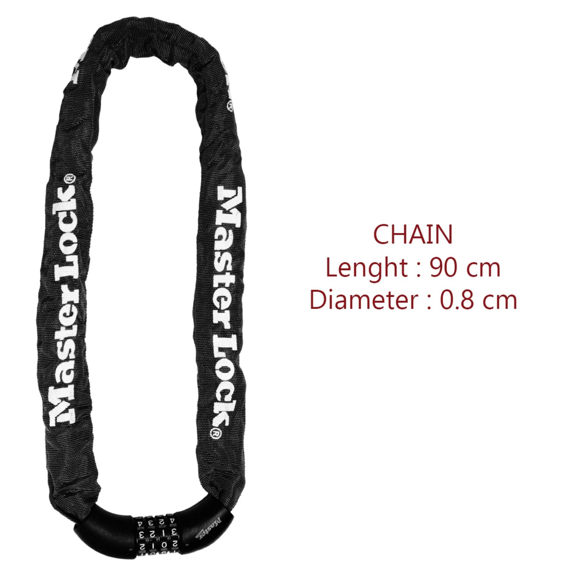 'Master Lock' chain lock with 90 cm length and 0.8 cm diameter. Black chain with combination lock.