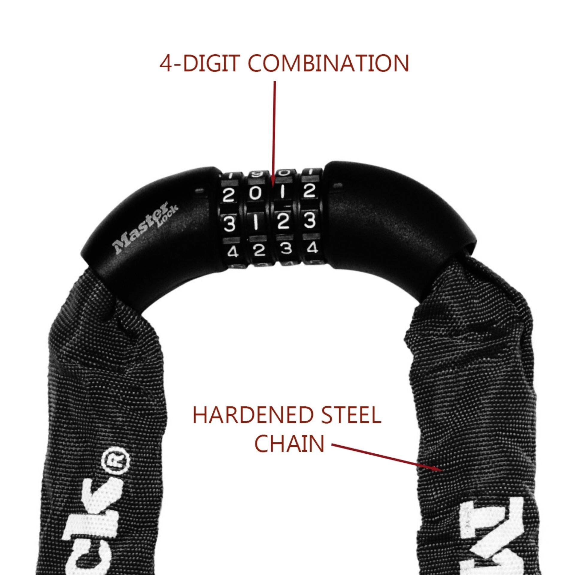 Black numeric padlock with chain; displays a 4-digit combination. Labelled with 'Hardened Steel Chain', emphasising security.